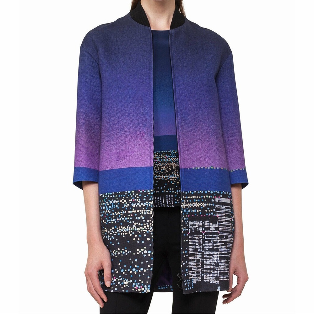 Akris Punto Twilight City Skyline Print Wool Bomber Coat Purple Buildings 12
